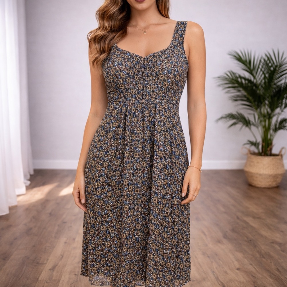 Zara Basic Floral Midi Dress M Sleeveless Boho Ruched Bodice Peasant Cottagecore
